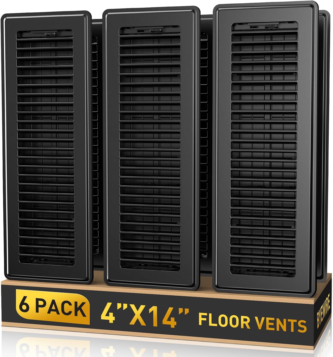 4x14 Floor Register 6-Pack, Heavy Duty Steel Walkable Vent Covers for Home Floor, Adjustable Quiet Airflow Vent Grill, Rust-Proof Black 14x4 Floor Vents